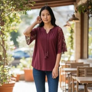 Burgundy Lace Trim Ruffle Sleeve Tie Blouse Top Size L Style 74110 Preowned
